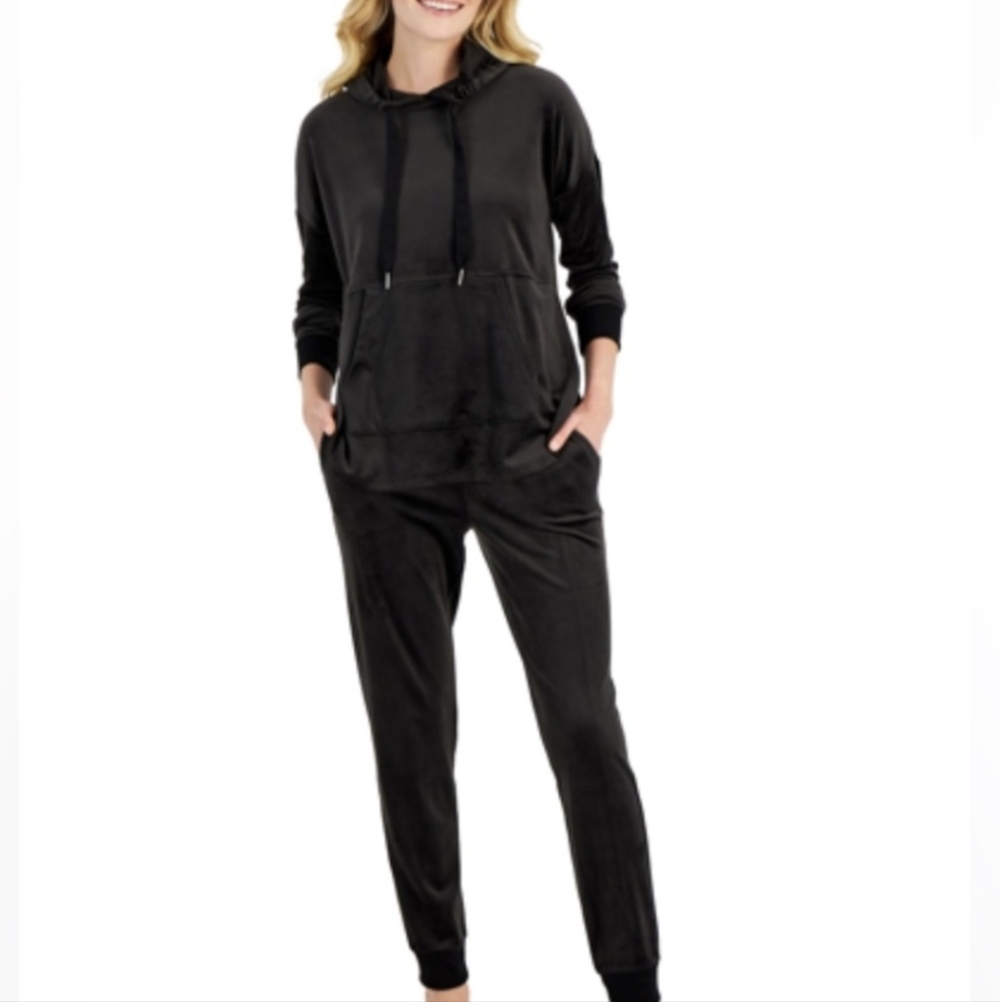 Alfani Intimates Black Velour Women's Hoodie and Jogger Set